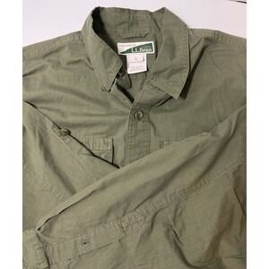 LL Bean Green Insect Shield Poly Cotton Hiking Outdoors Shirt Roll Tab Sleeves L